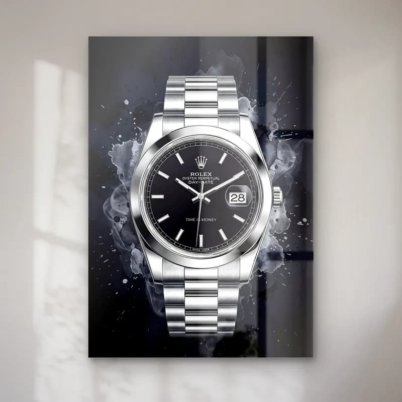 Siyah Duman Rolex Datejust cam tablo — Siyah duman efektli zeminde siyah kadranlı çelik Rolex saat