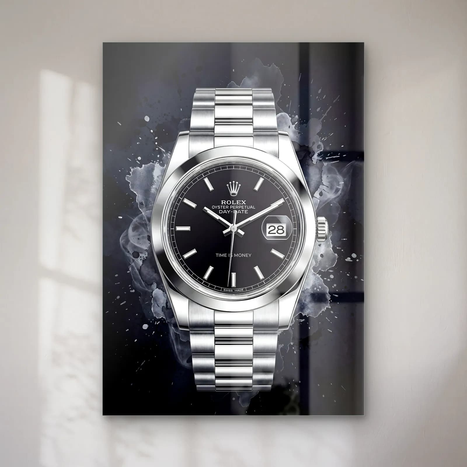 Siyah Duman Rolex Datejust cam tablo — Siyah duman efektli zeminde siyah kadranlı çelik Rolex saat