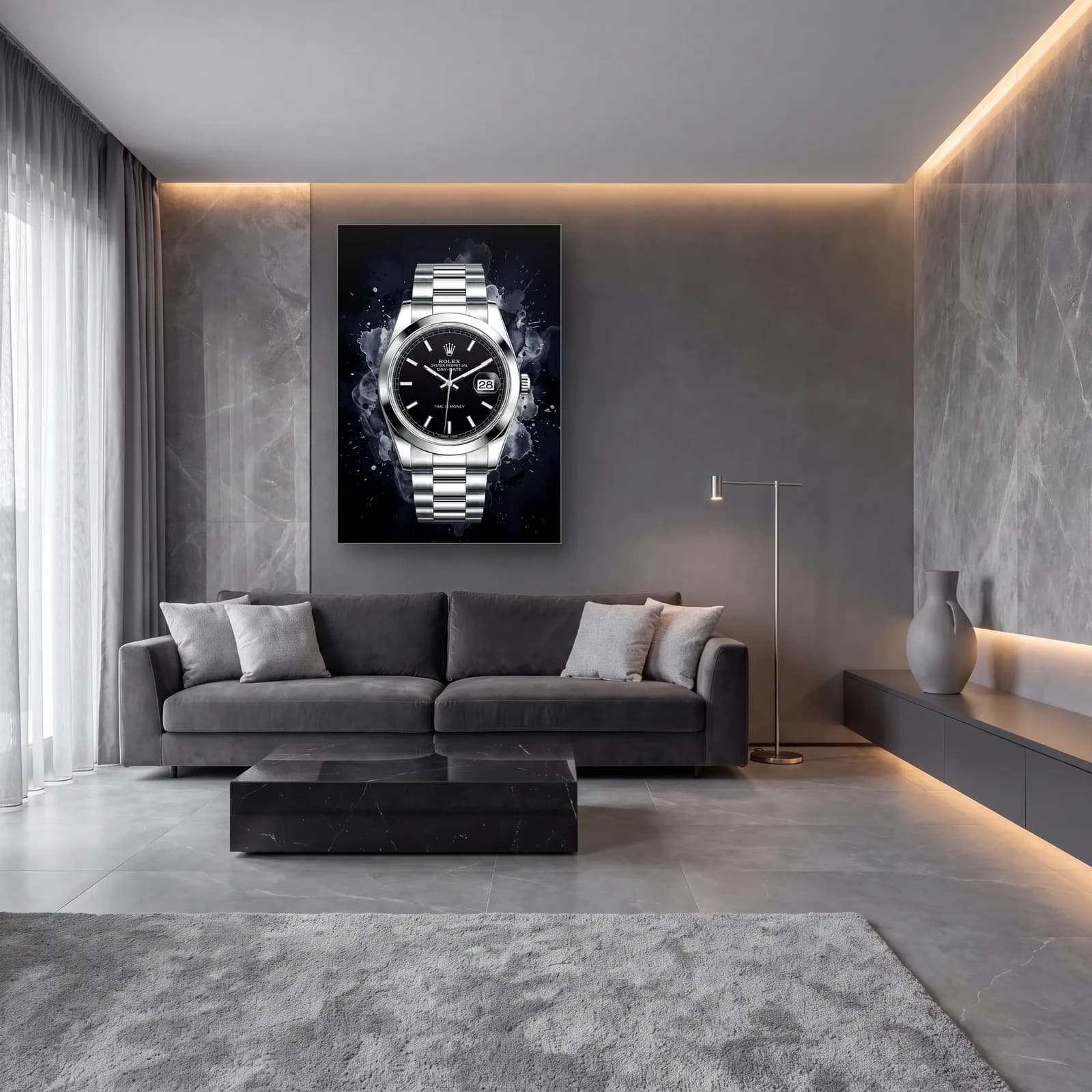 Siyah Duman Rolex Datejust cam tablo — lüks salon duvarında