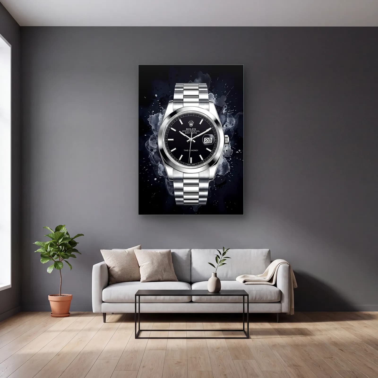Siyah Duman Rolex Datejust cam tablo — gri duvarlı salonda