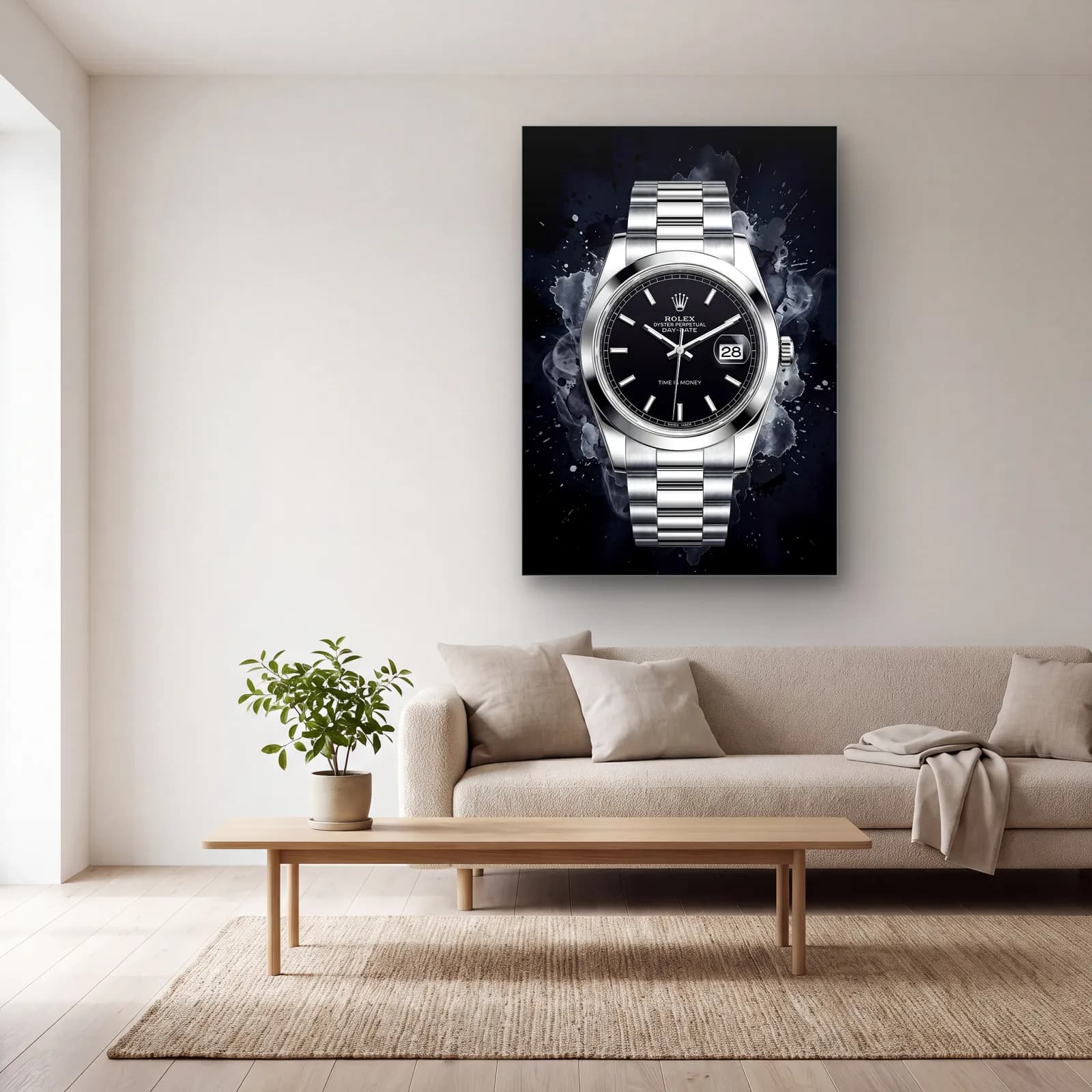 Siyah Duman Rolex Datejust cam tablo — açık renk salonda