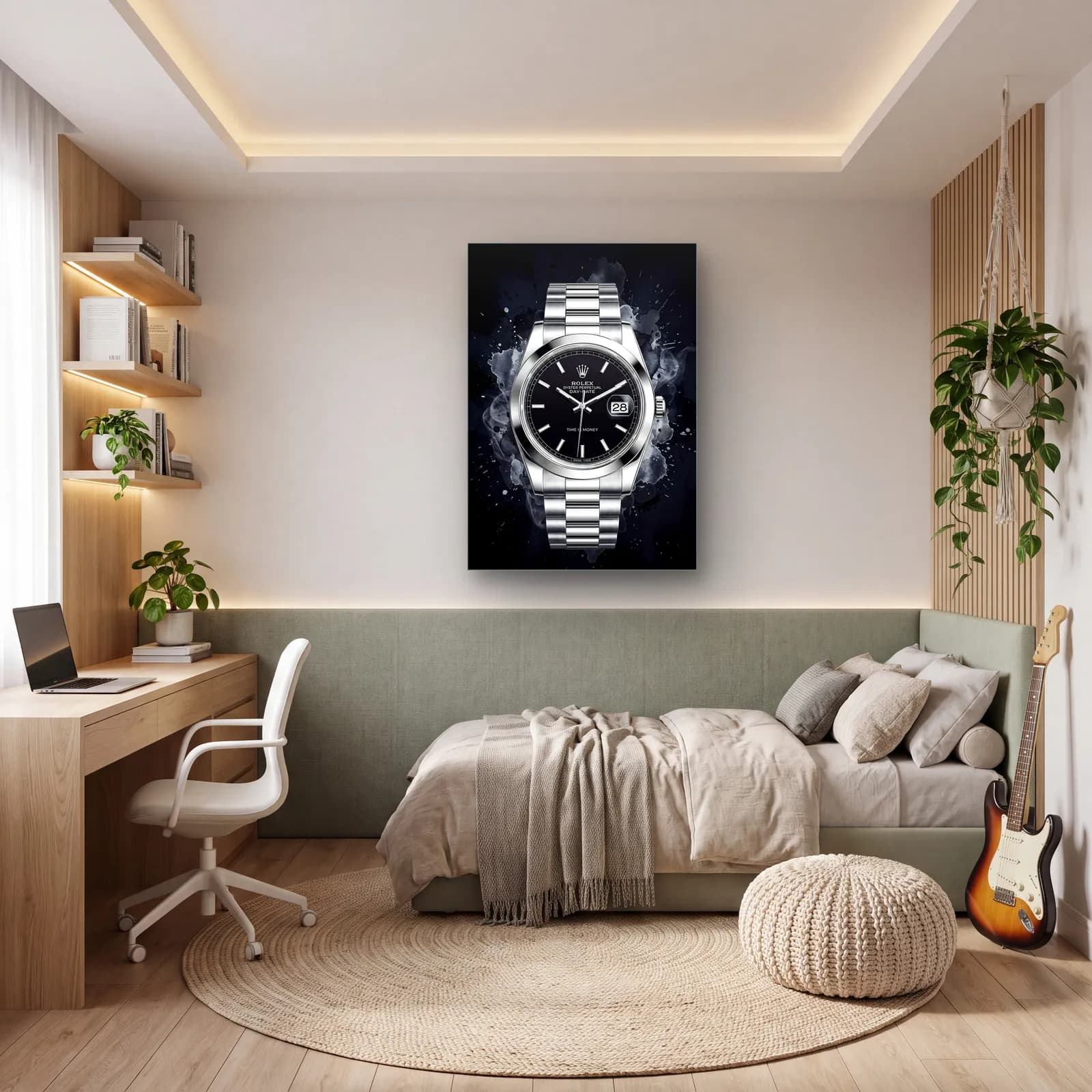 Siyah Duman Rolex Datejust cam tablo — genç odasında