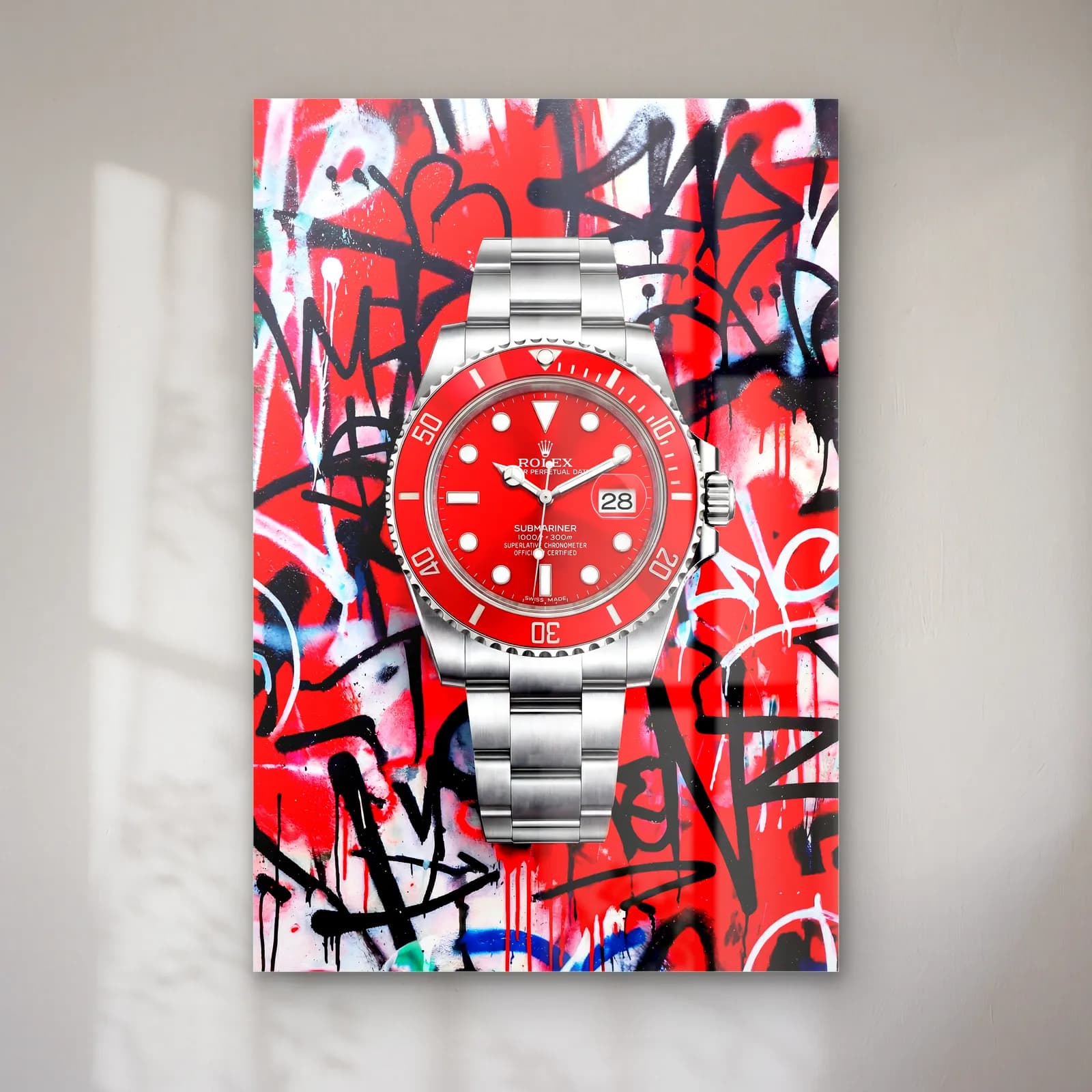 Kırmızı Grafiti Rolex Submariner cam tablo — Kırmızı grafiti zeminde kırmızı kadranlı çelik Rolex Submariner