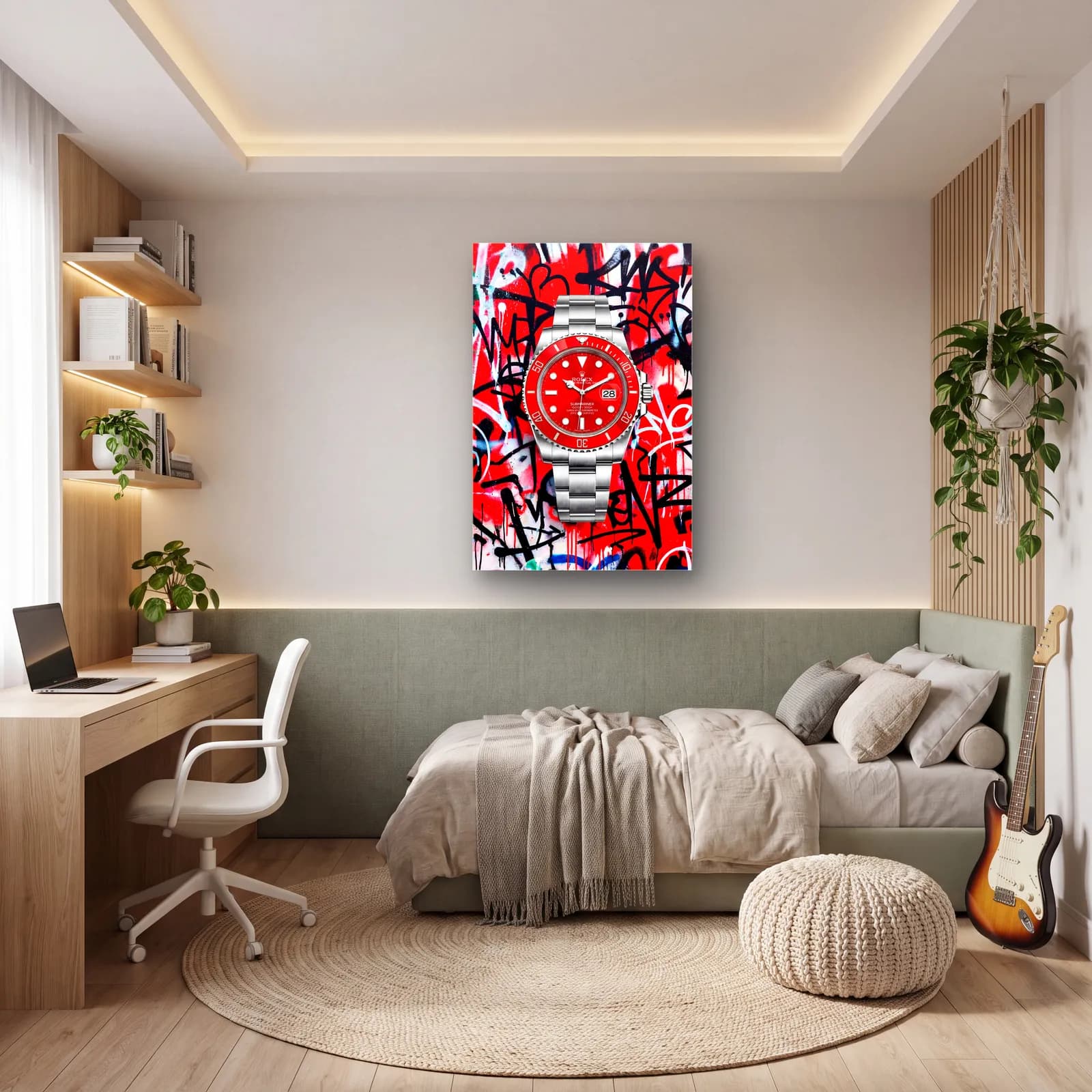 Kırmızı Grafiti Rolex Submariner cam tablo — genç odasında