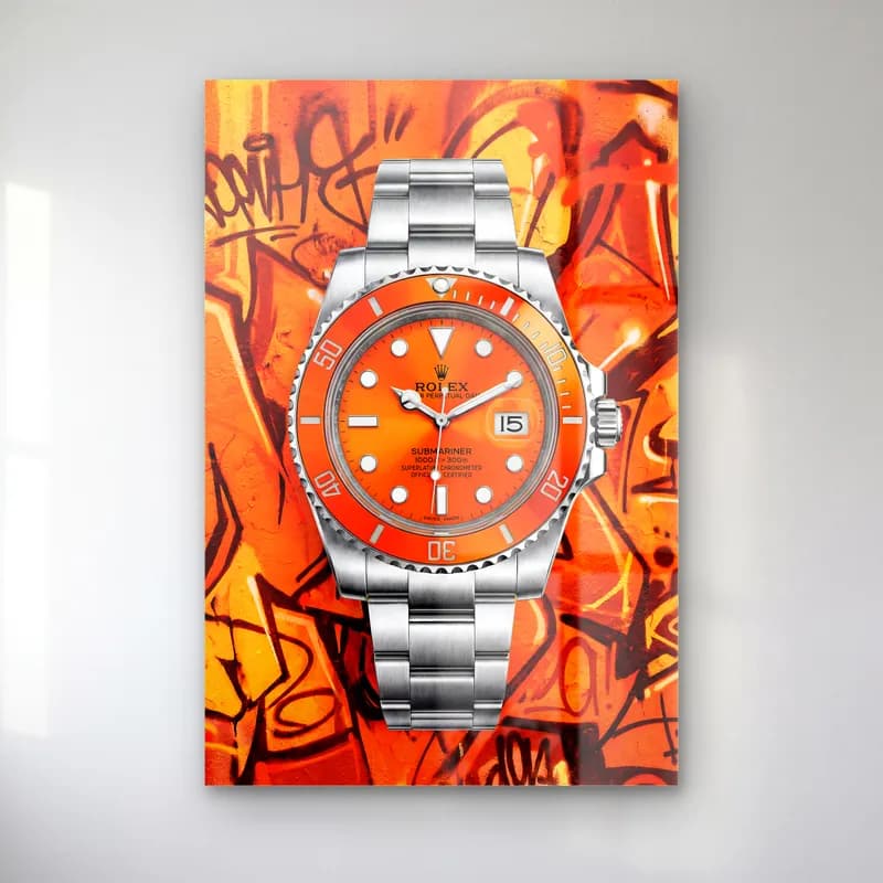 Turuncu Grafiti Rolex Submariner cam tablo — Turuncu grafiti zeminde turuncu kadranlı çelik Rolex Submariner