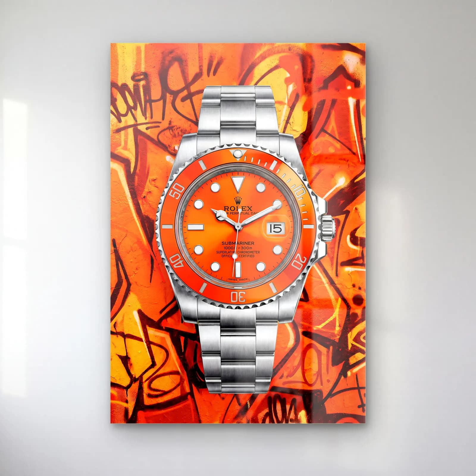 Turuncu Grafiti Rolex Submariner cam tablo — Turuncu grafiti zeminde turuncu kadranlı çelik Rolex Submariner