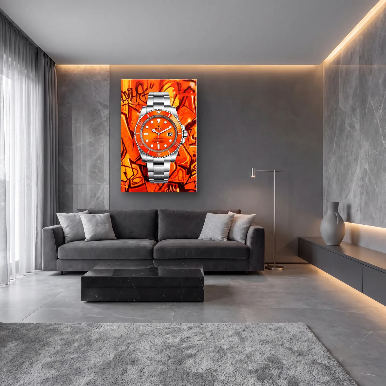 Turuncu Grafiti Rolex Submariner cam tablo — lüks salon duvarında