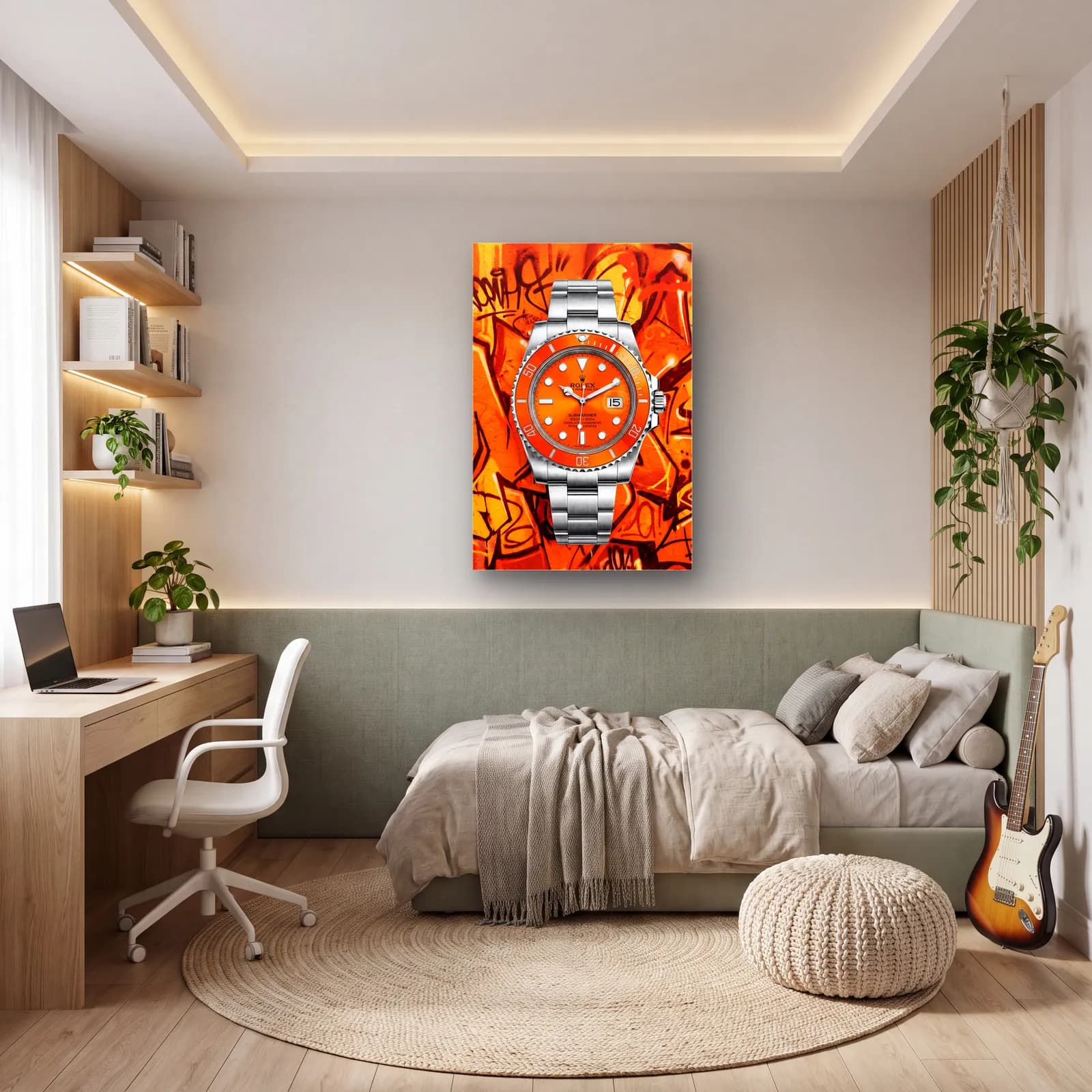 Turuncu Grafiti Rolex Submariner cam tablo — genç odasında