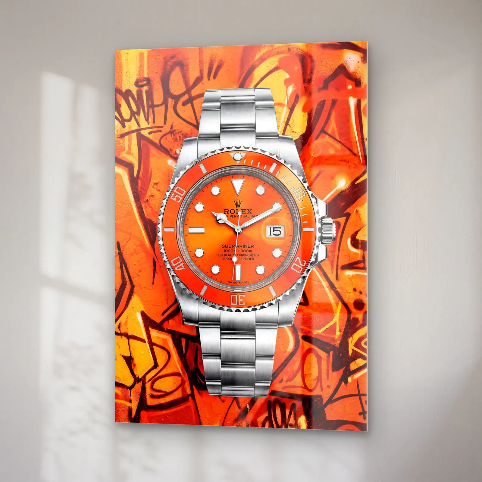 Turuncu Grafiti Rolex Submariner cam tablo — sağ açıdan görünüm