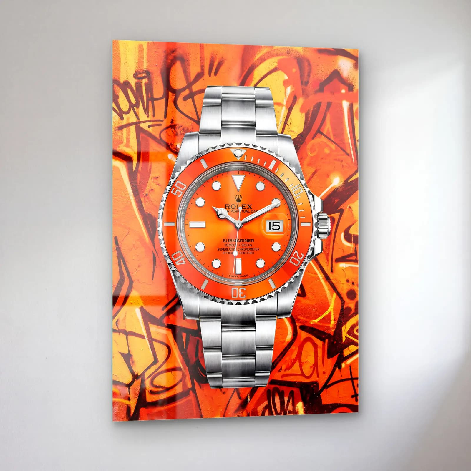 Turuncu Grafiti Rolex Submariner cam tablo — sol açıdan görünüm