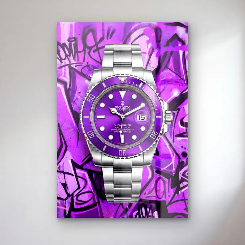 Mor Grafiti Rolex Submariner cam tablo — Mor grafiti zeminde mor kadranlı çelik Rolex Submariner