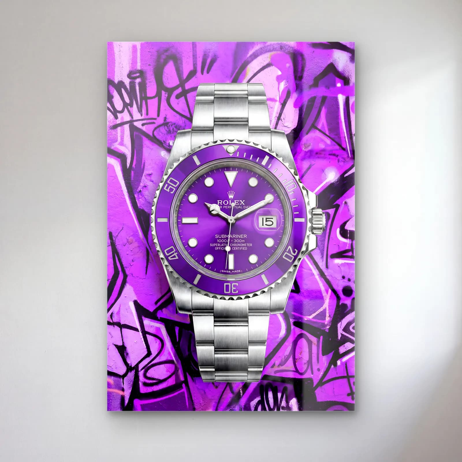 Mor Grafiti Rolex Submariner cam tablo — Mor grafiti zeminde mor kadranlı çelik Rolex Submariner