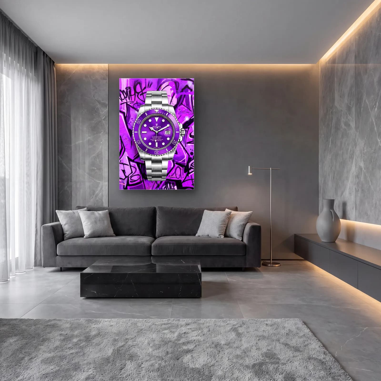 Mor Grafiti Rolex Submariner cam tablo — lüks salon duvarında