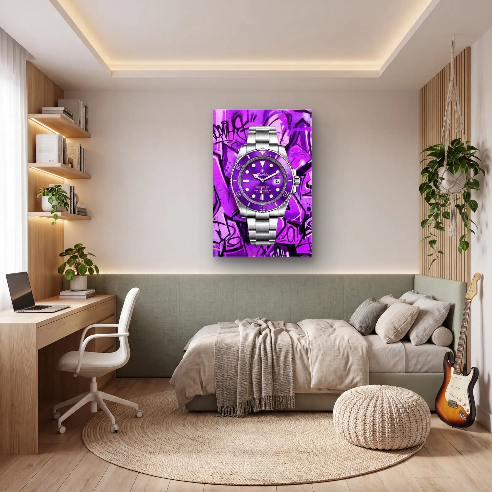 Mor Grafiti Rolex Submariner cam tablo — genç odasında