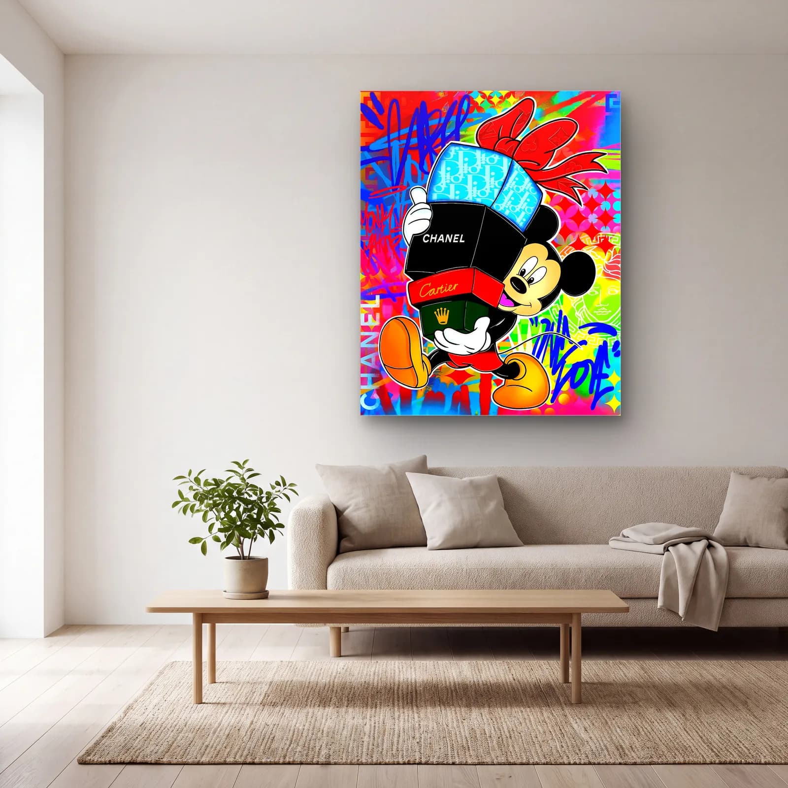 Chanel Kutulu Grafiti Mickey Mouse cam tablo — açık renk salonda