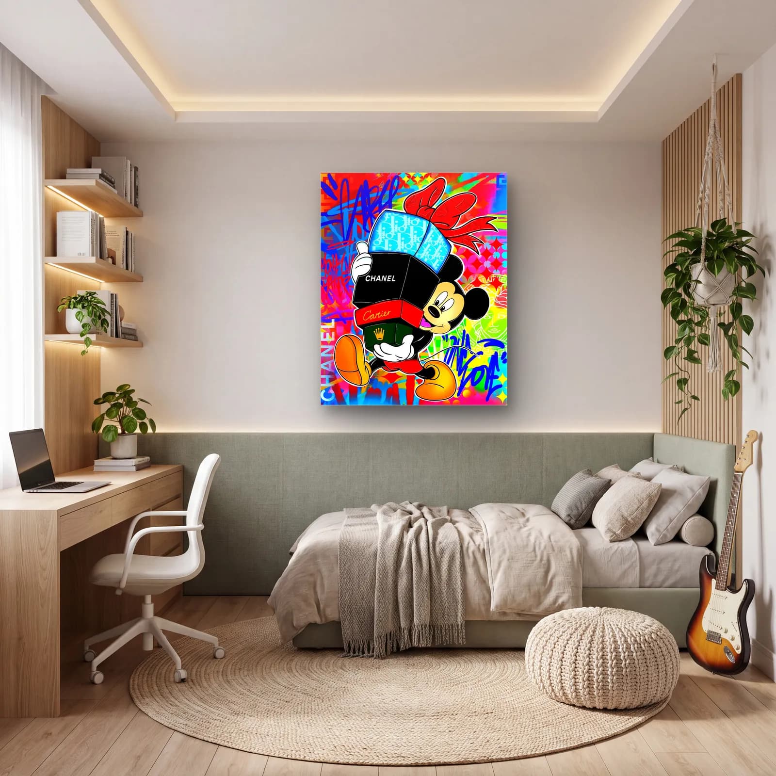 Chanel Kutulu Grafiti Mickey Mouse cam tablo — genç odasında