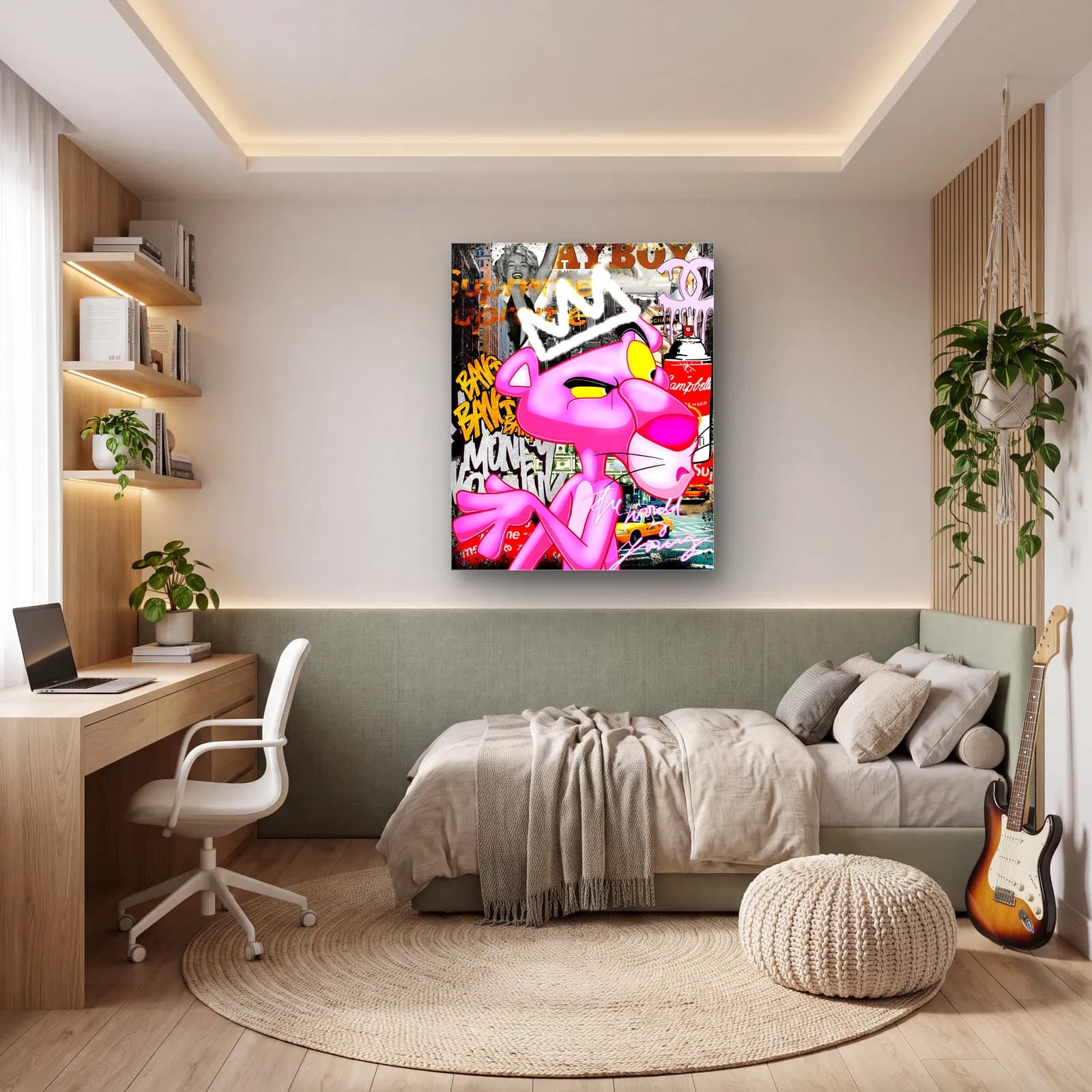 Taçlı Grafiti Pembe Panter cam tablo — genç odasında