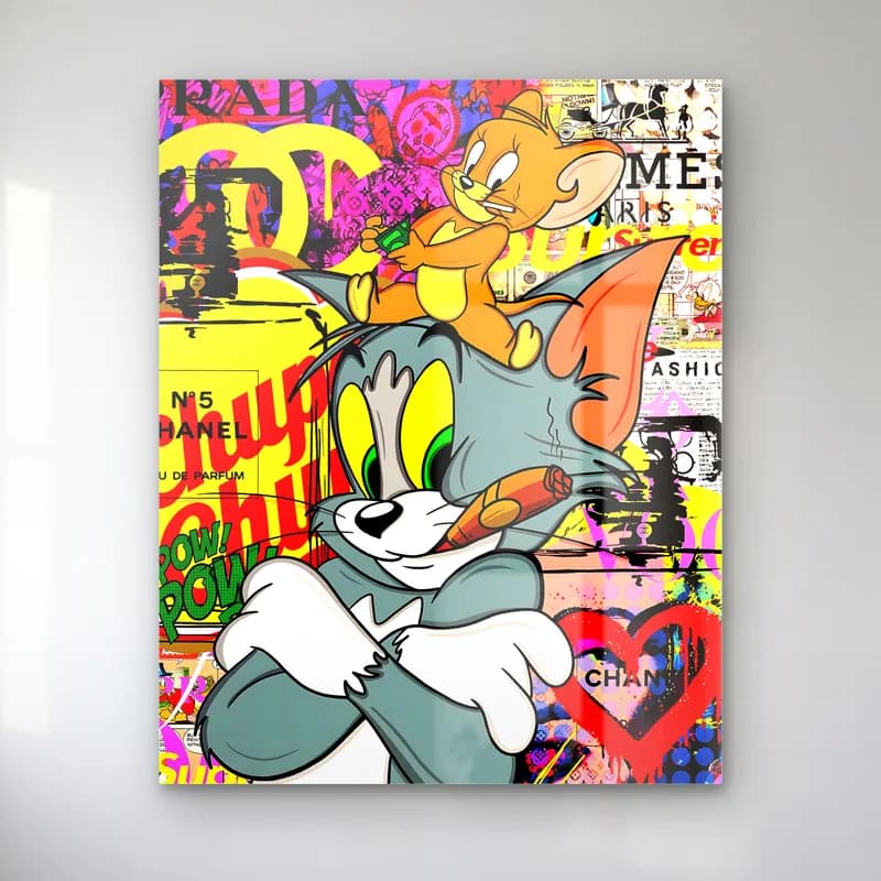 Puro İçen Tom ve Jerry cam tablo — Kolaj zeminde puro içen Tom ve başının üstünde duran Jerry
