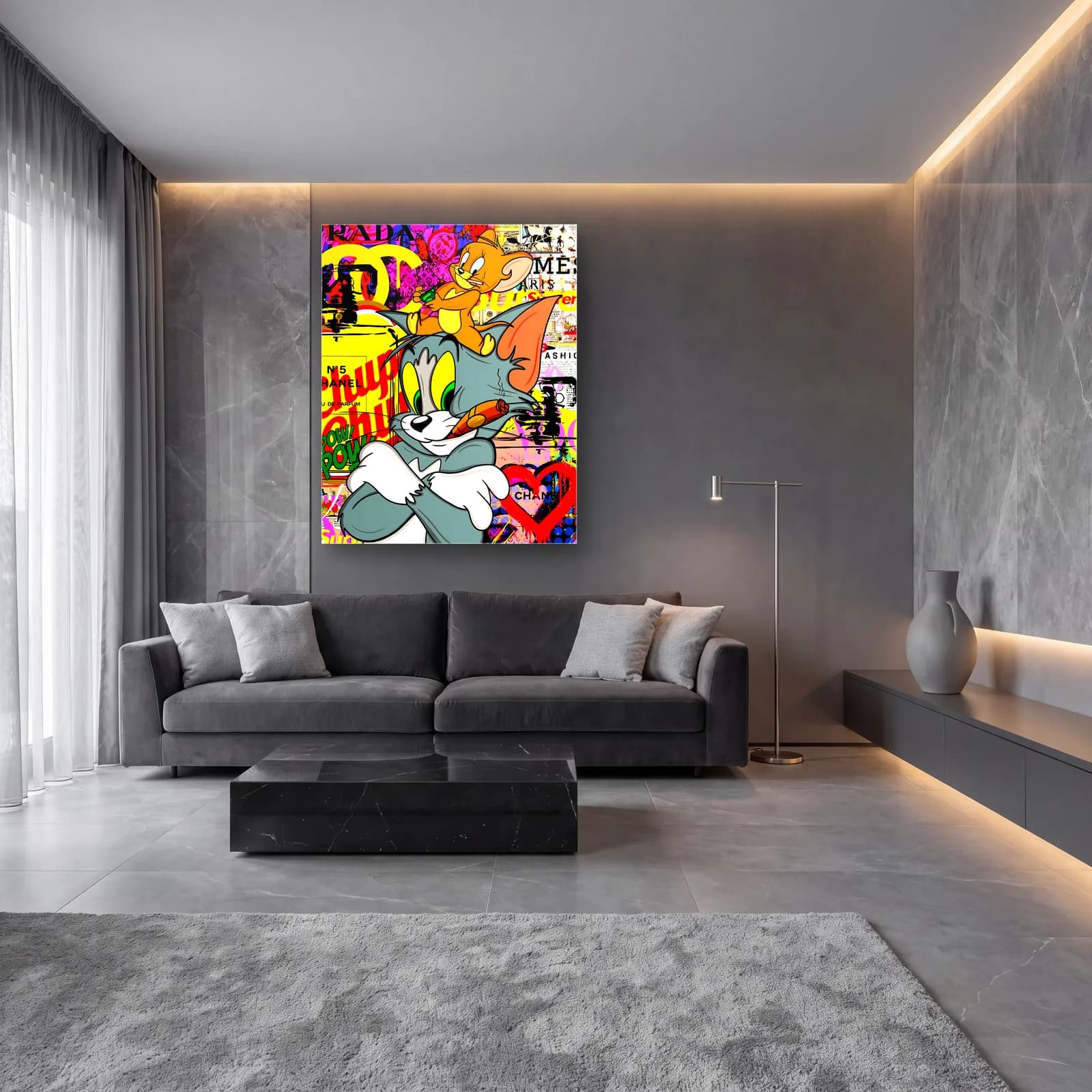 Puro İçen Tom ve Jerry cam tablo — lüks salon duvarında