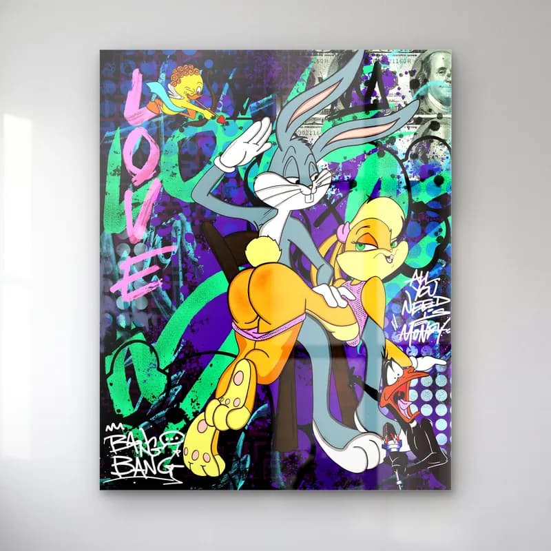 Love Bugs Bunny ve Lola cam tablo — Mor yeşil grafiti zeminde Love yazısı ile Bugs Bunny ve Lola Bunny