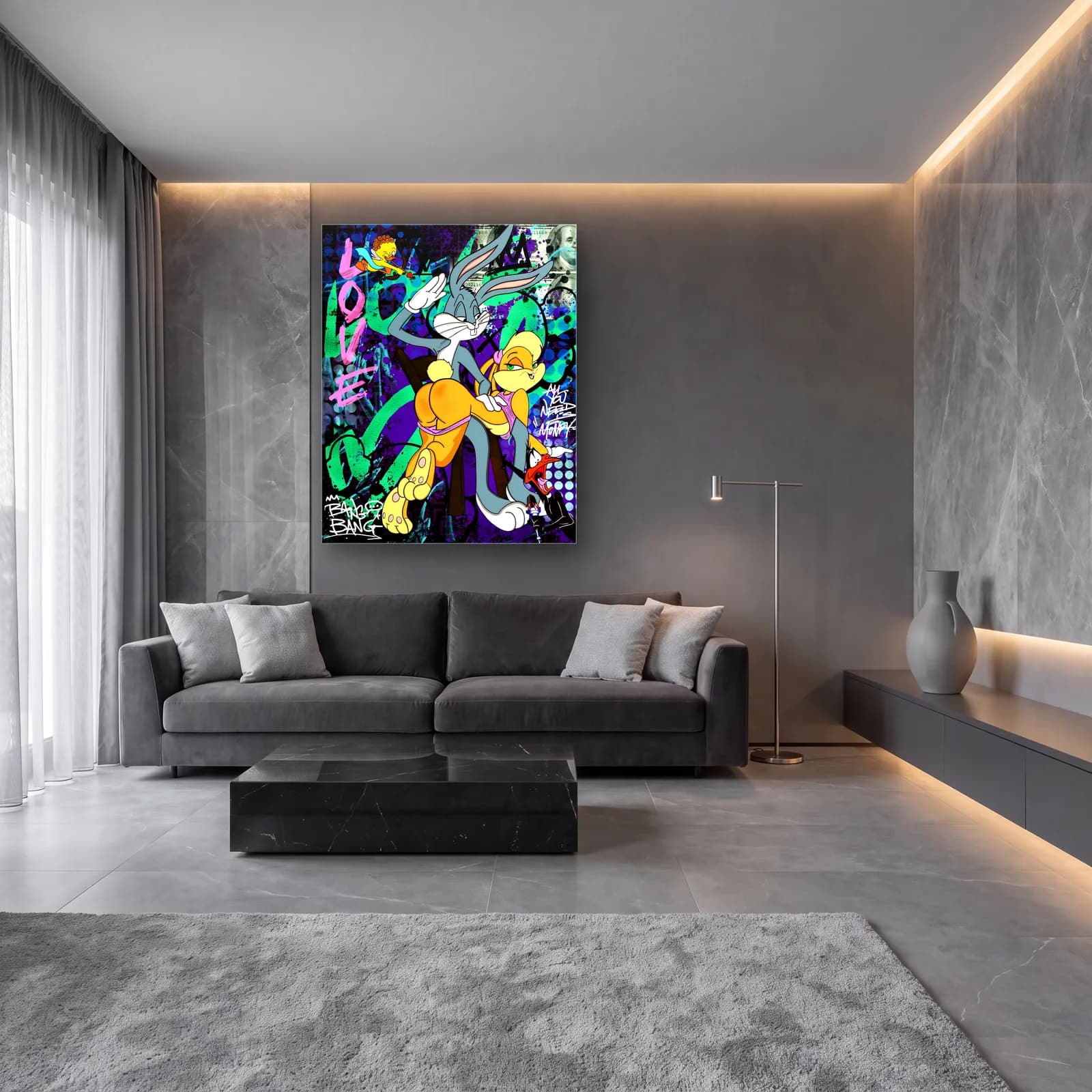 Love Bugs Bunny ve Lola cam tablo — lüks salon duvarında