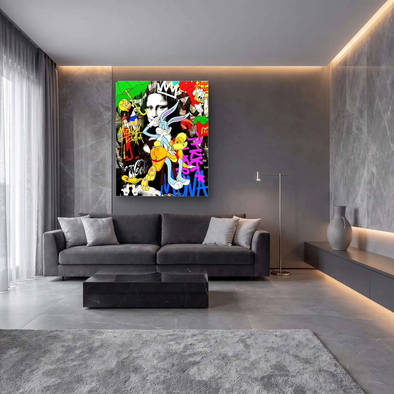 Mona Lisa ile Bugs ve Lola cam tablo — lüks salon duvarında