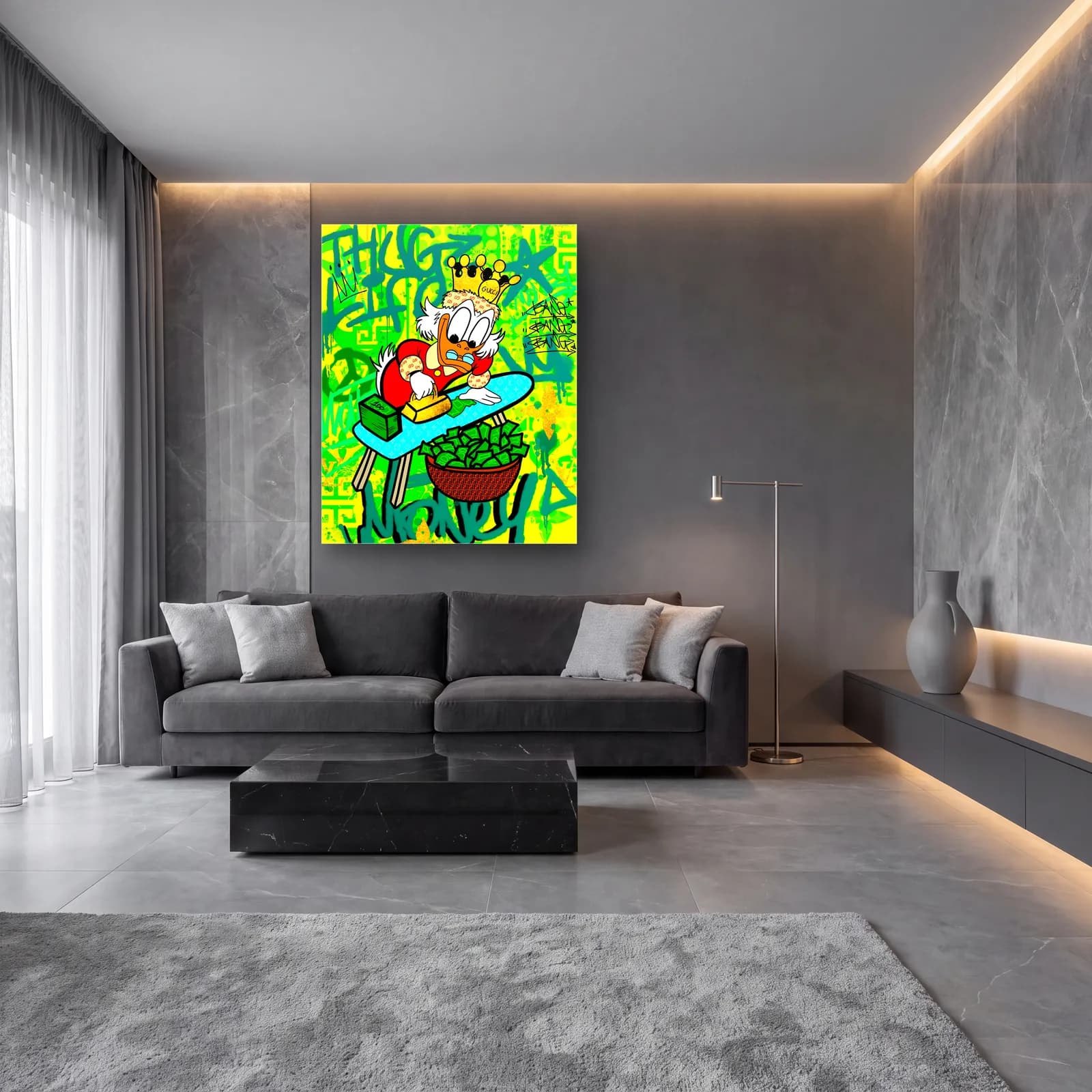 Para Ütüleyen Scrooge McDuck cam tablo — lüks salon duvarında