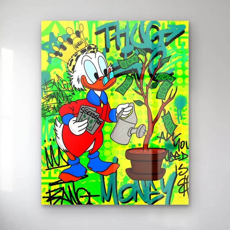Para Ağacı Sulayan Scrooge McDuck cam tablo — Neon yeşil grafiti zeminde para ağacını sulayan taçlı Scrooge McDuck