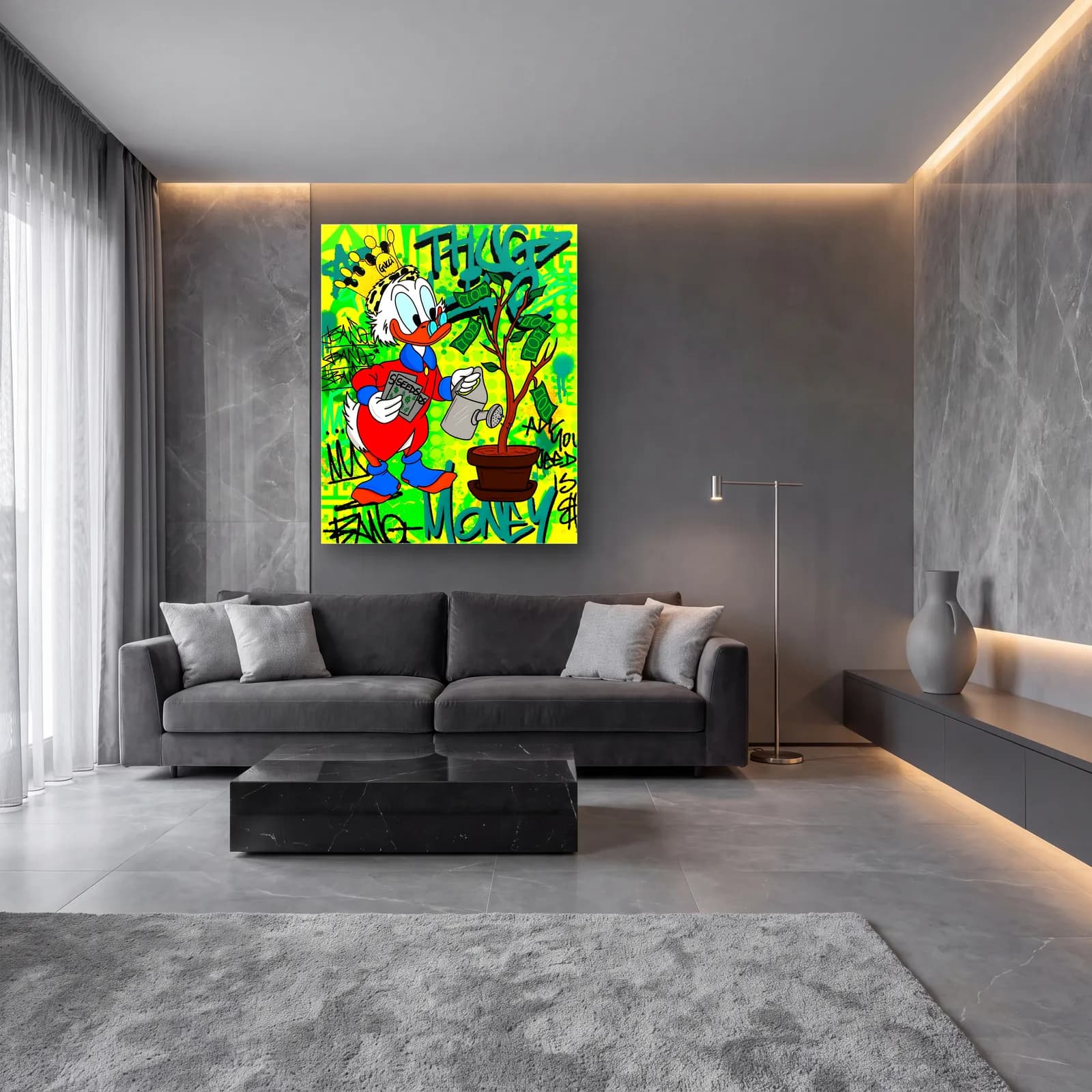 Para Ağacı Sulayan Scrooge McDuck cam tablo — lüks salon duvarında