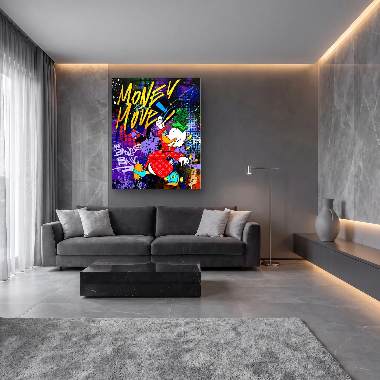 Money Moves Scrooge McDuck cam tablo — lüks salon duvarında