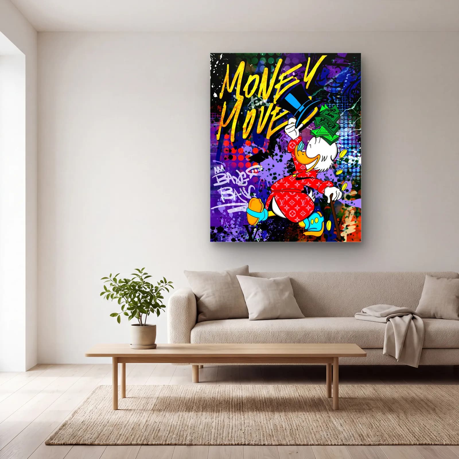 Money Moves Scrooge McDuck cam tablo — açık renk salonda