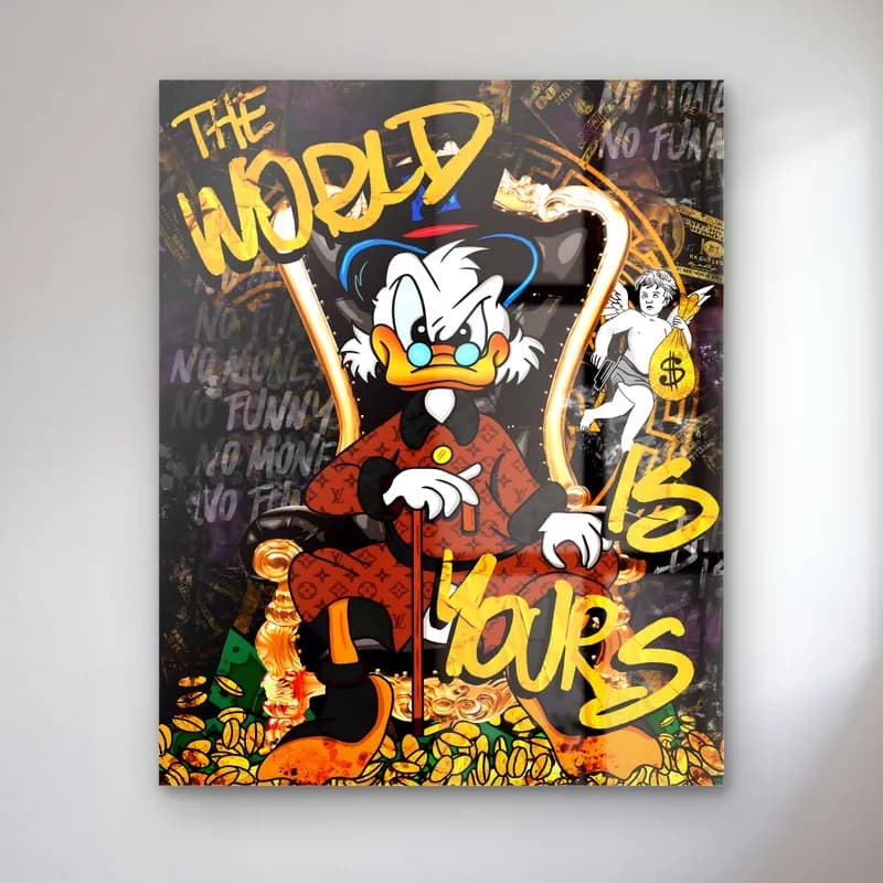The World Is Yours Scrooge McDuck cam tablo — Koyu zeminde The World Is Yours yazısı altında oturan Scrooge McDuck