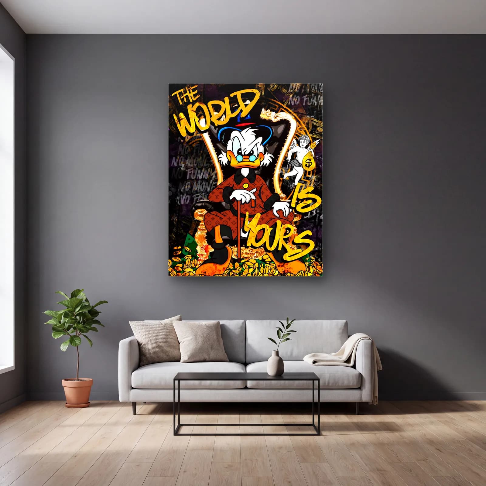 The World Is Yours Scrooge McDuck cam tablo — gri duvarlı salonda