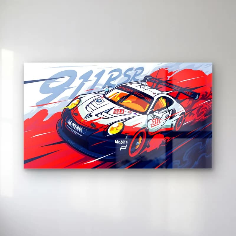 Porsche 911 RSR Yarış Posteri cam tablo — Kırmızı mavi dalgalı arka planda beyaz Porsche 911 RSR yarış arabası illüstrasyonu