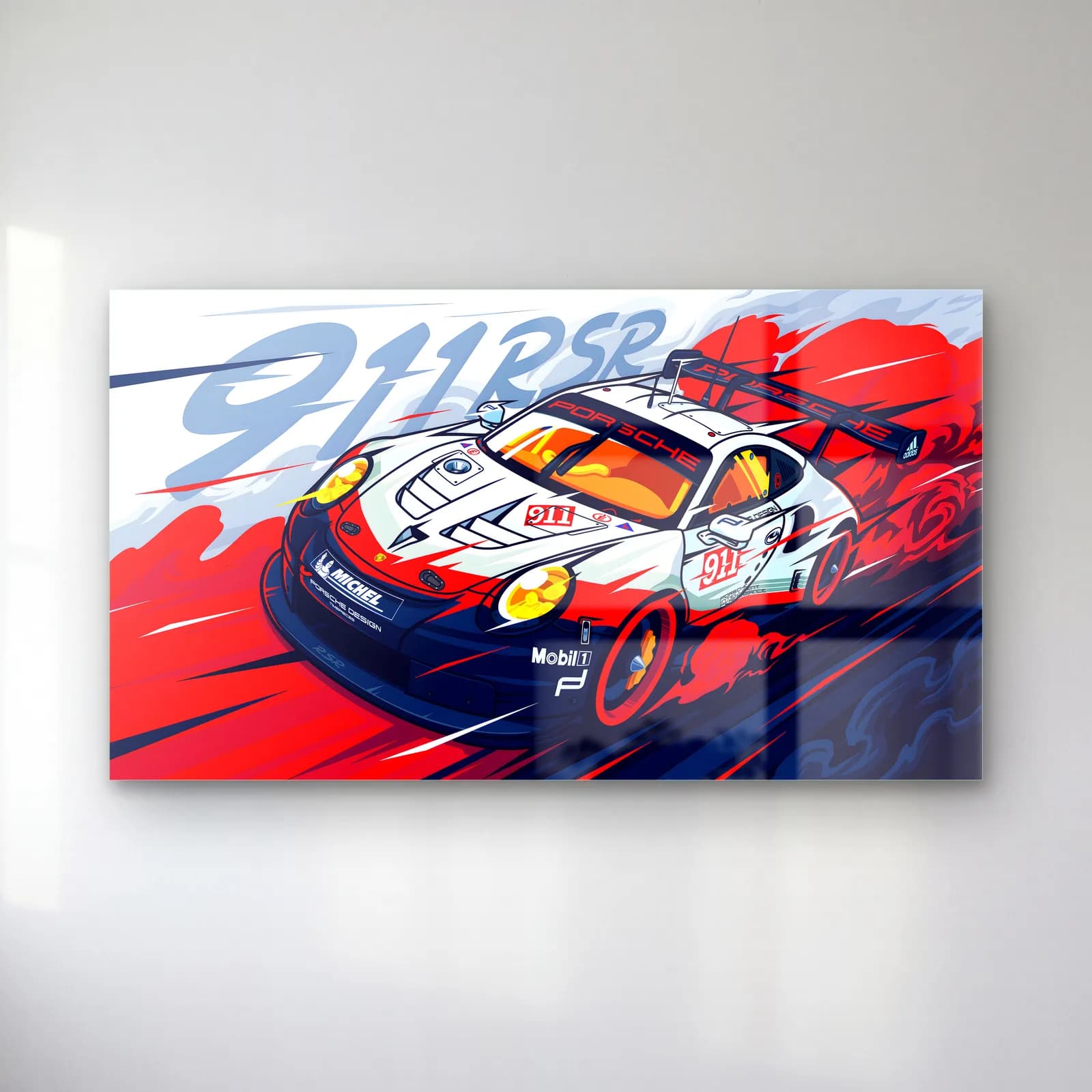Porsche 911 RSR Yarış Posteri cam tablo — Kırmızı mavi dalgalı arka planda beyaz Porsche 911 RSR yarış arabası illüstrasyonu