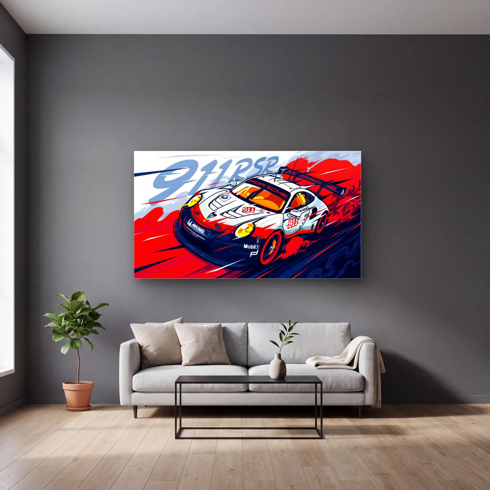 Porsche 911 RSR Yarış Posteri cam tablo — gri duvarlı salonda