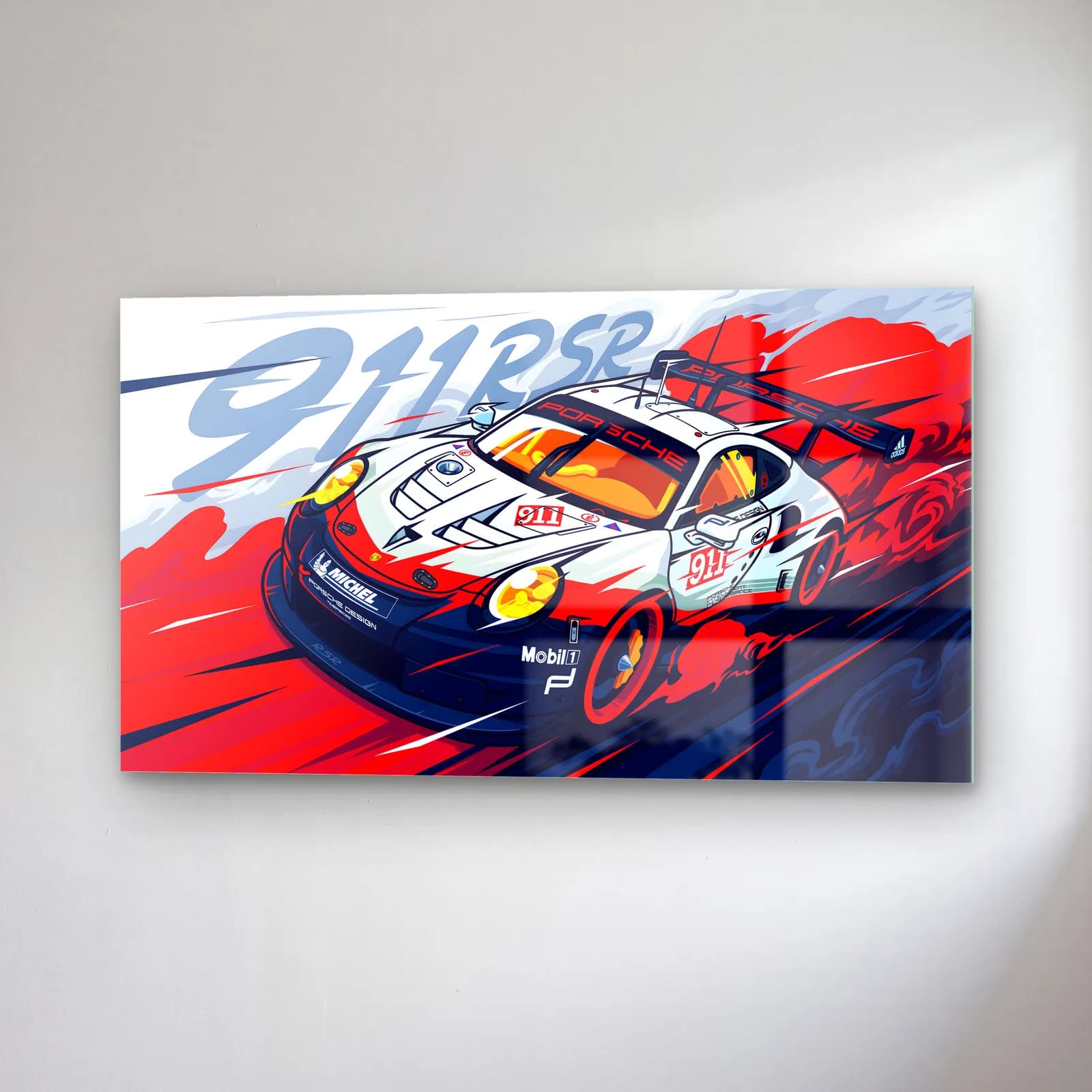 Porsche 911 RSR Yarış Posteri cam tablo — sağ açıdan görünüm