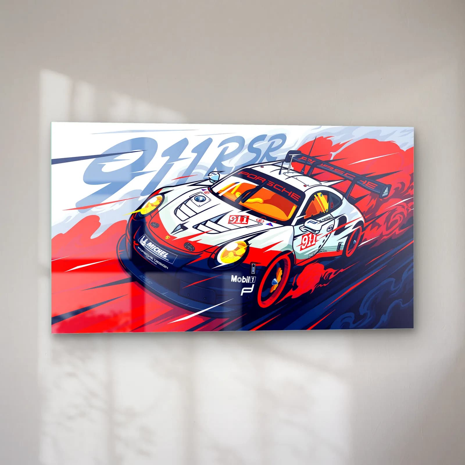 Porsche 911 RSR Yarış Posteri cam tablo — sol açıdan görünüm
