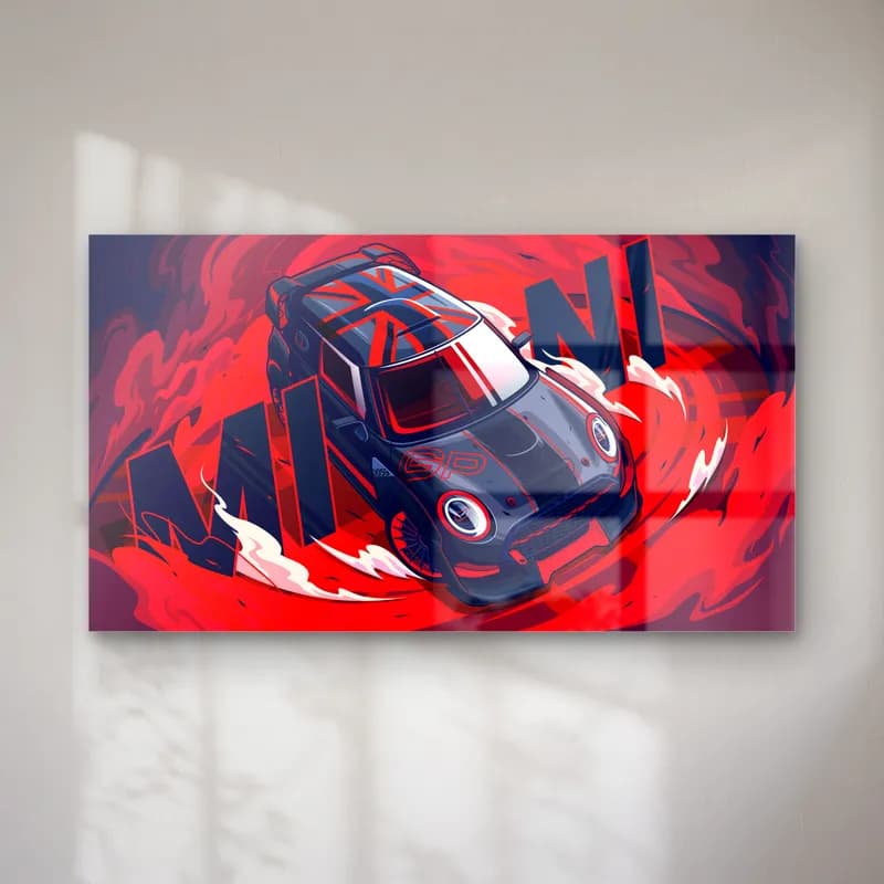 Mini Cooper Kırmızı Poster cam tablo — Kırmızı zemin üzerinde MINI yazısı önünde siyah Mini Cooper illüstrasyonu