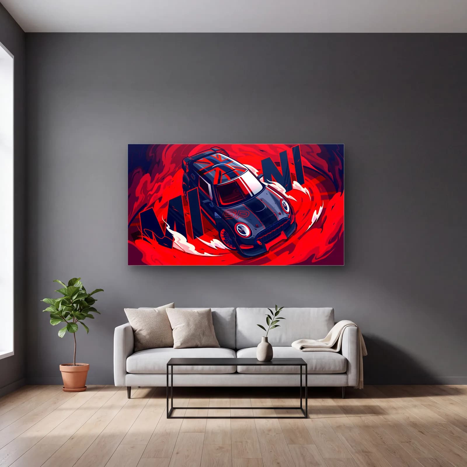 Mini Cooper Kırmızı Poster cam tablo — gri duvarlı salonda