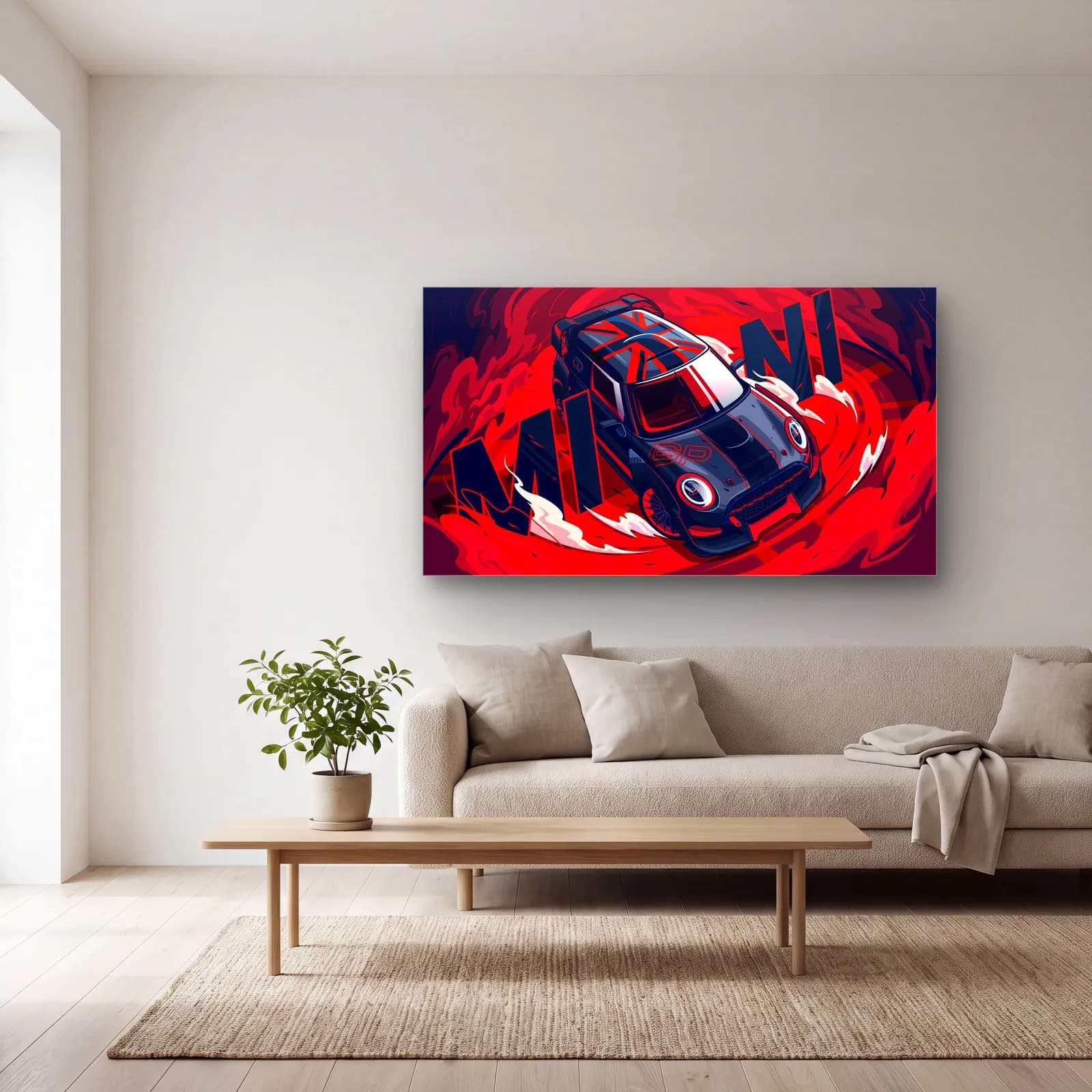Mini Cooper Kırmızı Poster cam tablo — açık renk salonda