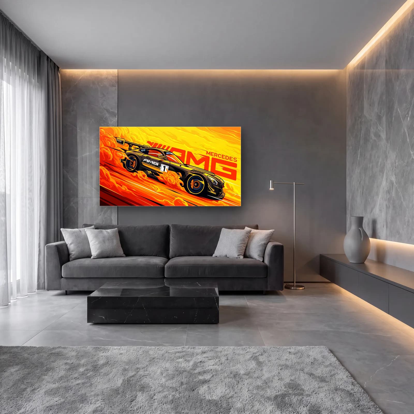 Mercedes AMG Yarış Posteri cam tablo — lüks salon duvarında