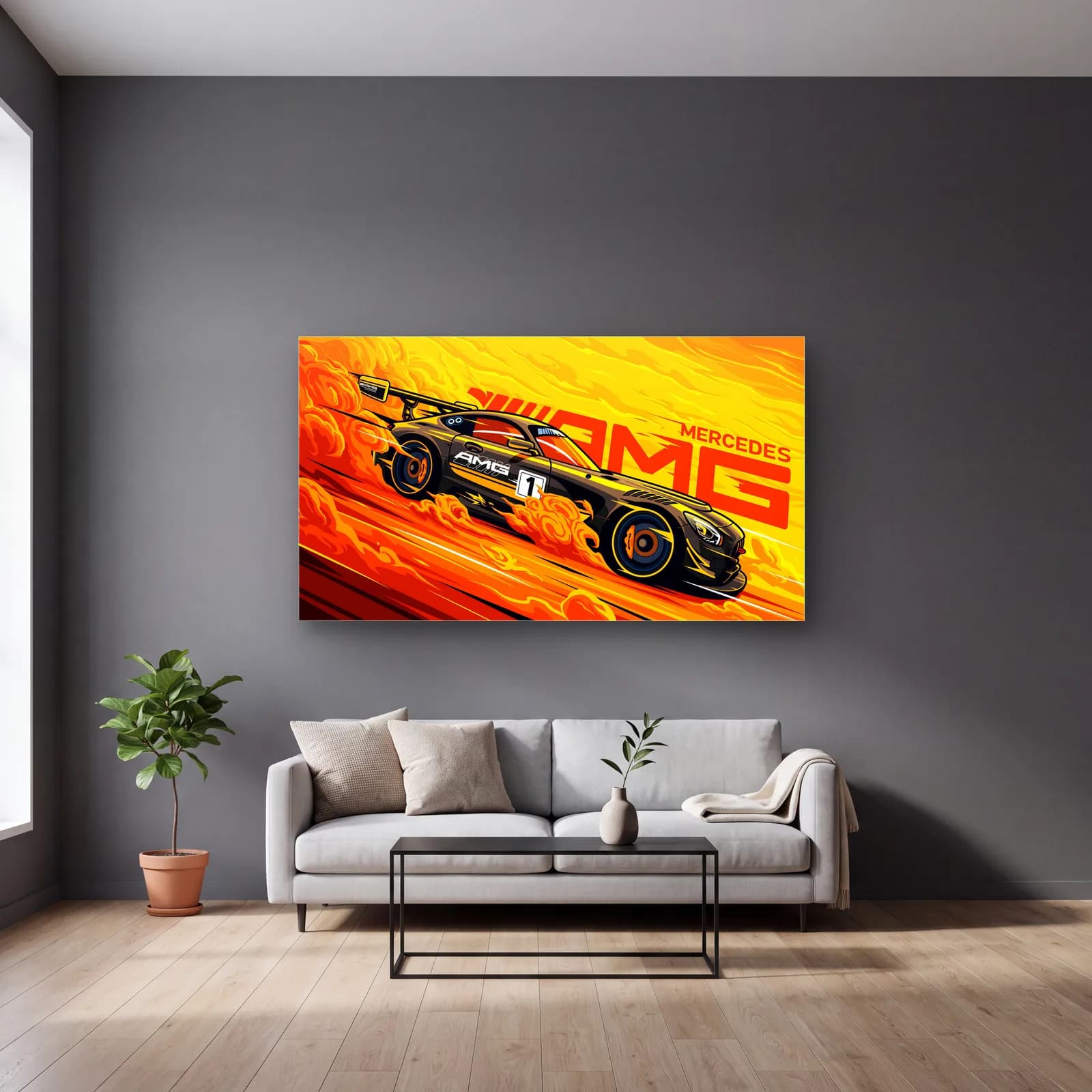 Mercedes AMG Yarış Posteri cam tablo — gri duvarlı salonda