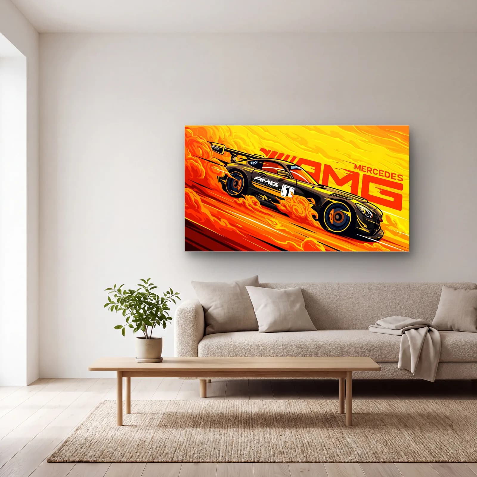Mercedes AMG Yarış Posteri cam tablo — açık renk salonda
