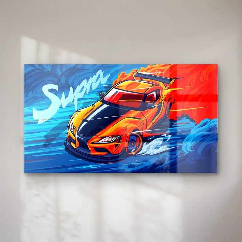 Toyota Supra Mavi Poster cam tablo — Mavi dalgalı arka planda Supra yazısı ve turuncu Toyota Supra illüstrasyonu