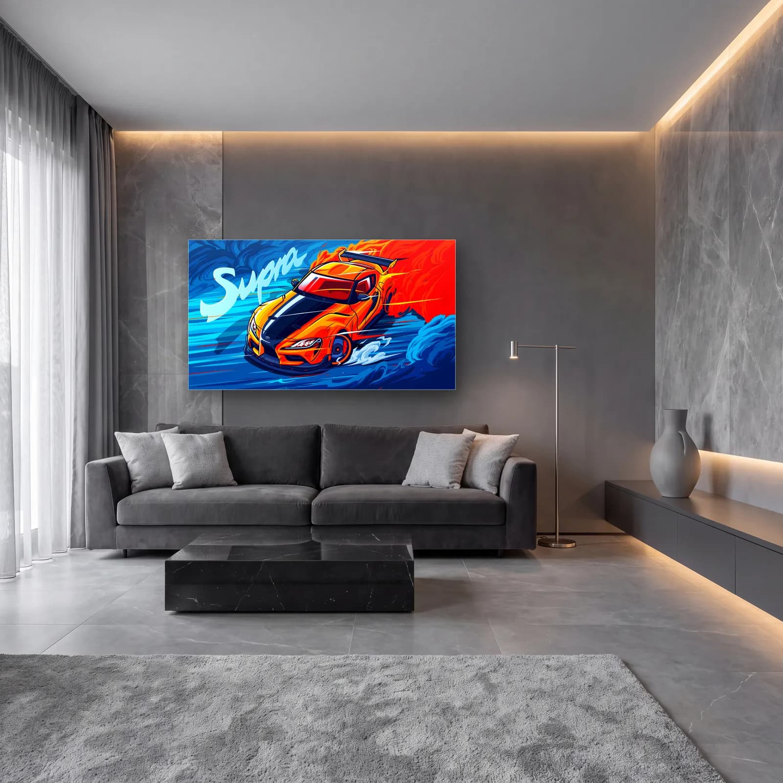 Toyota Supra Mavi Poster cam tablo — lüks salon duvarında