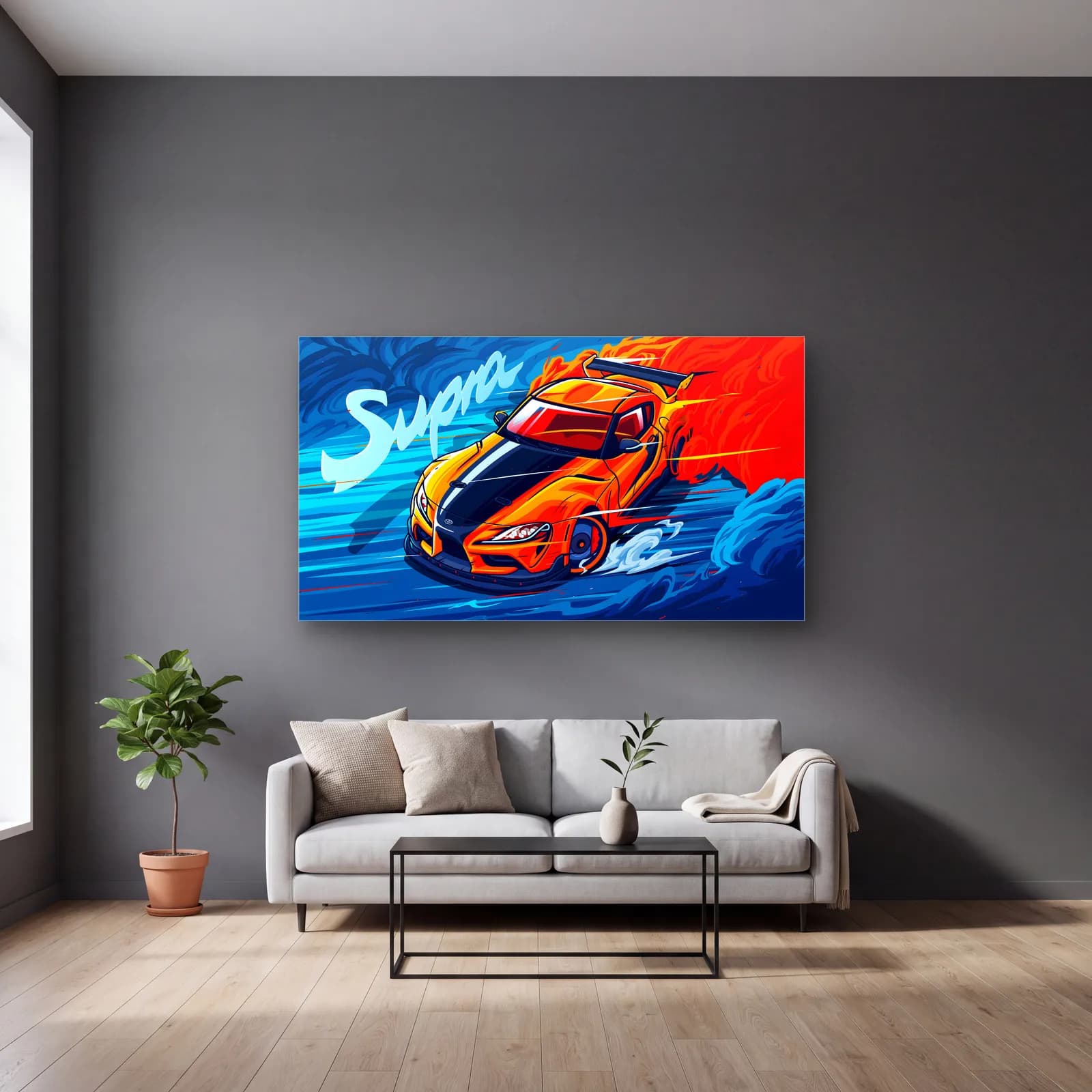 Toyota Supra Mavi Poster cam tablo — gri duvarlı salonda