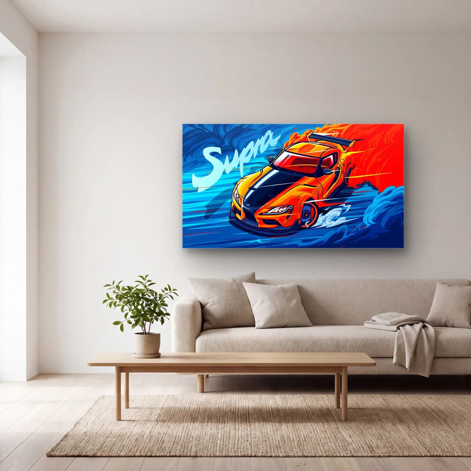 Toyota Supra Mavi Poster cam tablo — açık renk salonda