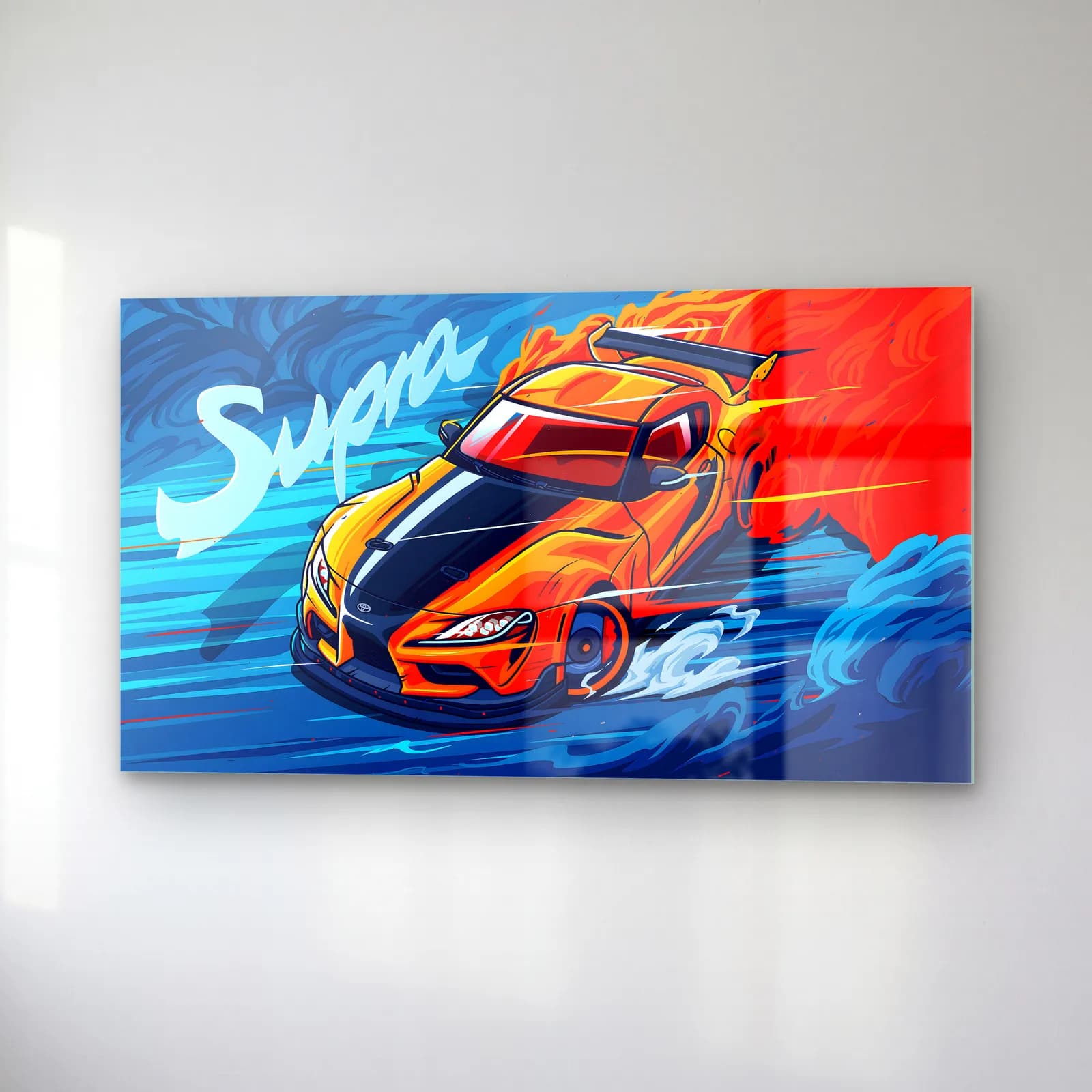 Toyota Supra Mavi Poster cam tablo — sağ açıdan görünüm