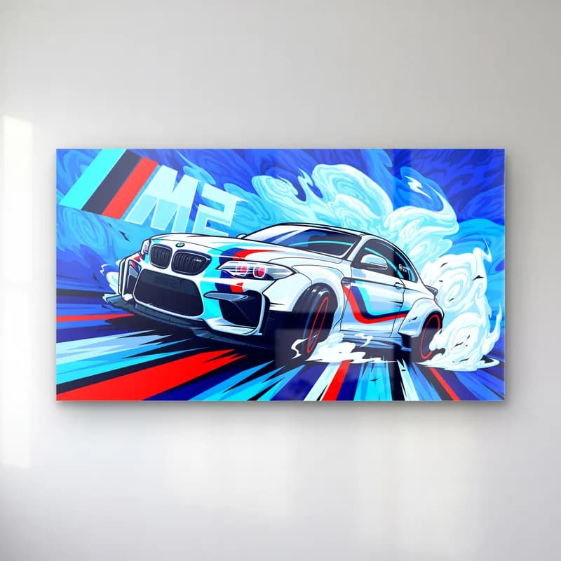 BMW M2 Drift Posteri cam tablo — Mavi beyaz dumanlar arasında drift yapan beyaz BMW M2 illüstrasyonu